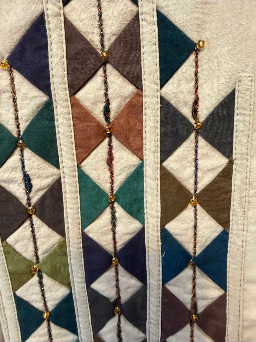 Handcrafted Geometric Quilted vest in Teal, Brown, Navy, Olive and Cream 2575 - Picture 6 of 6
